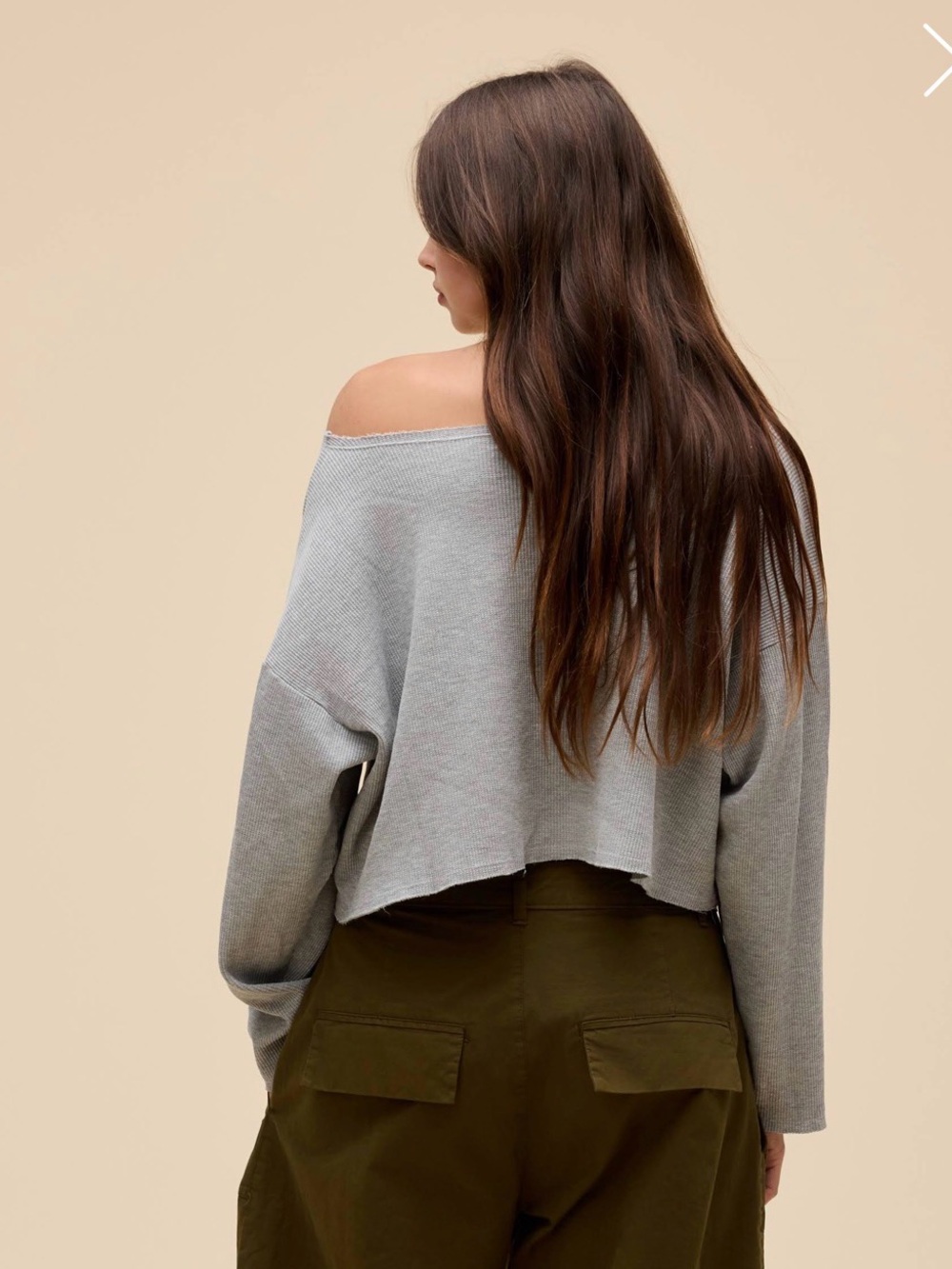 Daydreamer Gray Cropped Long-Sleeve, Off the Shoulder Top, Waffle Knit - Picture 2 of 6